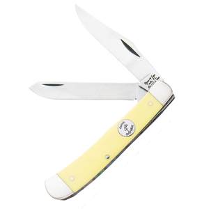 4-1/8 in. Yellow Delrin® Lrg Trapper  Blade Material : 1095 Carbon Steel Handle Material : Yellow Delrin® Closed Length : 4-1/8″ Blade Length : 3-1/4″ Weight : 3.3 oz. Extras : Nickel Silver Bolsters, Polished Hollow Ground Blades Origin: USA