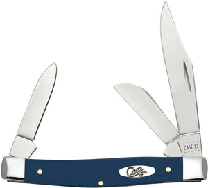 Case XX USA - Medium Stockman Synthetic Navy Blue CA23614 4334 SS  4344 SS pattern. 3.25" (8.26cm) closed. Mirror finish stainless clip, sheepsfoot, and pen blades. Navy Blue smooth synthetic handle. Nickel silver bolster(s). Inlay shield. Boxed.