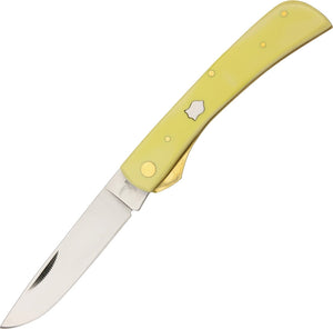 Rough Ryder RR817 - Work Knife Yellow Synthetic  4.63" closed. 440 stainless drop point blade. Yellow smooth synthetic handle. Inlay shield. Boxed.