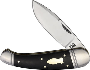 RRR020 Black Micarta, D2 tool steel, brass liners, stainless steel bolsters, bomb shield, 4" closed.  Comes in collector tin with polishing cloth.  Boxed.  Great gift birthday, fathers day, Christmas