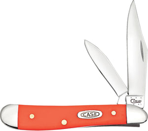 Case XX USA Peanut Orange Synthetic CA80504 4220SS pattern. 2 7/8" closed. Stainless clip and pen blades. Orange synthetic handles with nickel silver bolsters and inlay shield.