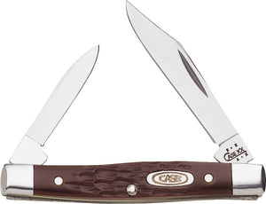 Case XX USA Small Pen Knife Closed: 2.625"; Blade: Surgical Steel l Standard Edge; Handle: Brown l Synthetic; Other Info: Nickel Silver Bolsters l Inlay Shield. 6233SS pattern. Tru-Sharp surgical steel clip and pen blades. Delrin handle. Boxed.  021205000831  CA083