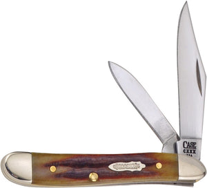 Case XX USA 130th Annversary Peanut 130th Anniversary Series. 6220 SS pattern. 2.88" (7.32cm) closed. Mirror finish stainless clip and pen blades. Golden aged antique jigged bone handle. Nickel silver bolster(s). Inlay shield. Limited series. Boxed.