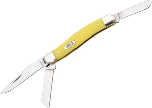 Case XX USA Medium Stockman Yellow CA80035 Handle. 3318 pattern. 3 5/8" closed. Stainless clip, sheepsfoot and spey blades. Smooth yellow synthetic handles. 021205800356