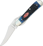 Case XX USA - RussLock Navy Blue CA7057   61953LSS pattern. 4 1/4" closed linerlock. Stainless clip blade with extended tang for one hand opening. Navy blue jigged bone handles with bright red Case logo shield and nickel silver bolsters. 021205070575