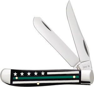 Case XX USA Stripes Service Mini Trapper 6207 SS pattern. 3.5" (8.89cm) closed. Mirror finish stainless clip and spey blades. Black smooth bone handle. Nickel silver bolster(s). Green line flag on handle. Boxed. 021205095769