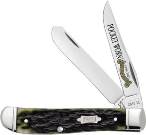 Case XX USA - Pocket Worn Mini Trapper CA38194 - 6207 SS pattern. 3.5" (8.89cm) closed. Mirror finish stainless clip and spey blades. Pocket Worn Olive Green jigged bone handle. Nickel silver bolster(s). Blade etching. Inlay shield. Boxed.  021205381947