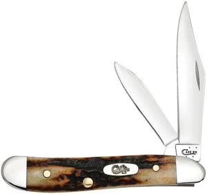 Case XX USA Peanut Red Stag Red Stag Series. R5220 SS pattern. 2.88" closed. Mirror finish stainless clip and pen blades. Red stag handle. Nickel silver bolster(s). Inlay shield. Boxed.  021205094434  CA09443