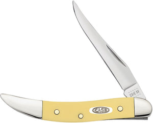 Case XX USA - Toothpick Yellow Synthetic CA81095 310096 SS pattern. 3" (7.62cm) closed. Mirror finish stainless long clip blade. Yellow smooth synthetic handle. Nickel silver bolster(s). Inlay shield. Boxed.