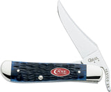 Case XX USA - RussLock Navy Blue CA7057   61953LSS pattern. 4 1/4" closed linerlock. Stainless clip blade with extended tang for one hand opening. Navy blue jigged bone handles with bright red Case logo shield and nickel silver bolsters. 021205070575