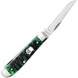 Case XX USA - Mini Trapper Bermuda Green CA71226 6207 SS pattern. 3.5" (8.89cm) closed. Mirror finish stainless clip and spey blades. Bermuda green jigged bone handle. Nickel silver bolster(s). Inlay shield. Gift tin. 021205712260