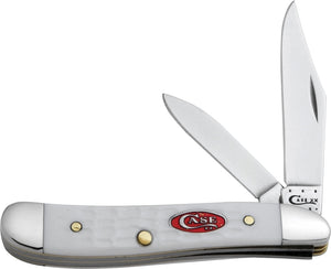 Case XX USA - Peanut Sparxx Series CA60188 6220SS pattern. 2 7/8" closed. Stainless clip and pen blades. Jigged white synthetic handles with glimmering red and silver Case logo oval shield. Nickel silver bolsters. 021205601885